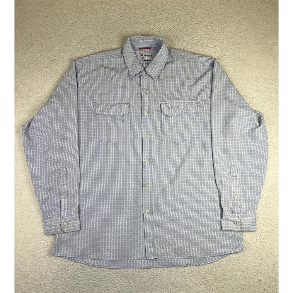 Simms Shirt Mens 2XL Blue Plaid No Fly Zone Long Sleeve Button Up Fishing